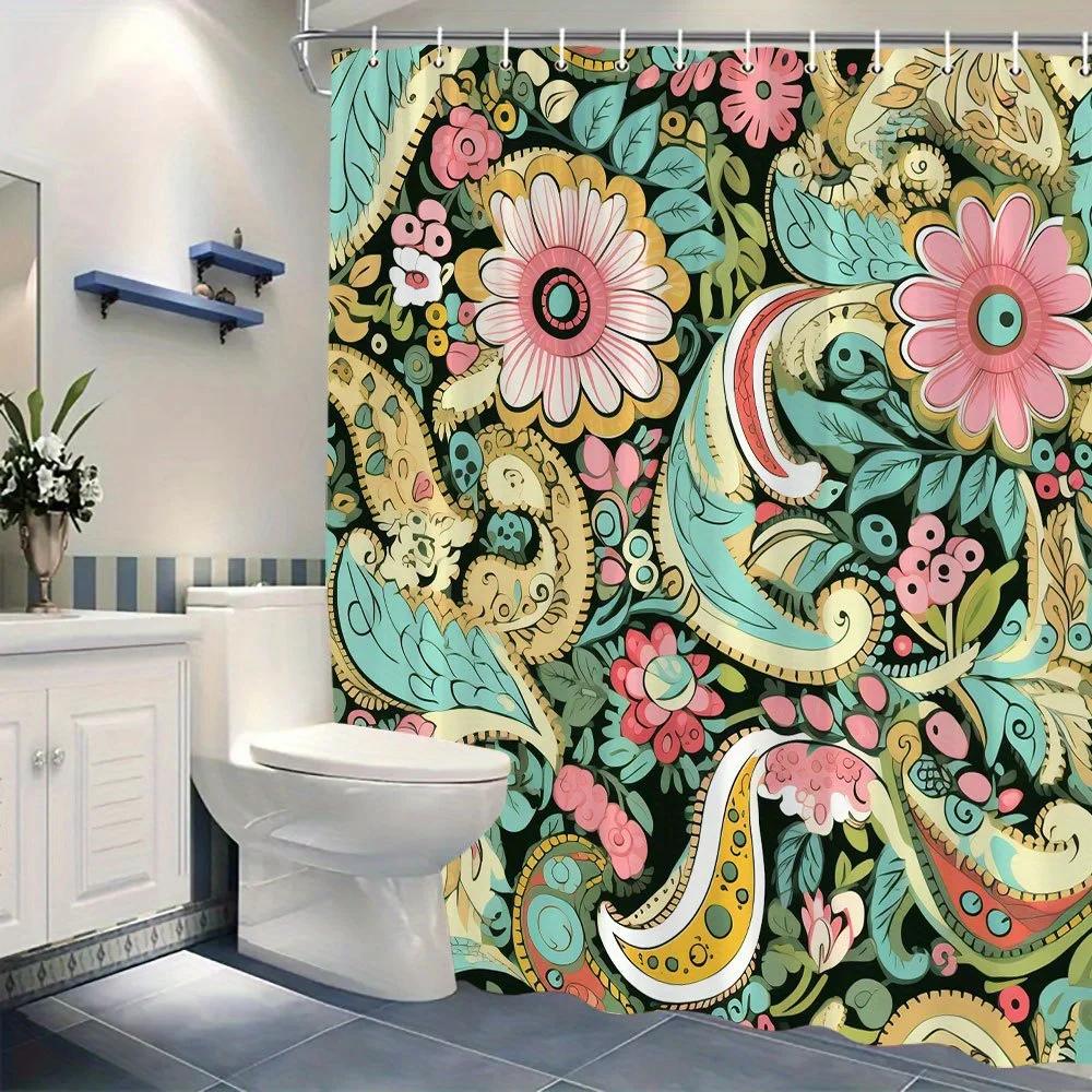 Kaleidoscopic Floral Paisley Shower Curtain - Teal, Pink, Yellow & Green On Black, Vintage-Inspired Design,  12 Hooks