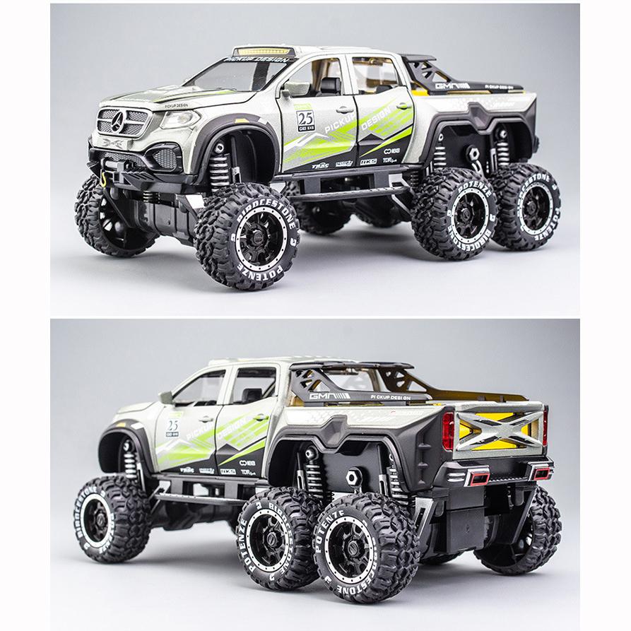 1/24-skala X-klasse 6x6 terrenggående DieCast Metal-modellbiler, pickup Monster Trucks Leketøy Remontert modellbil med lyd og lys for barn fra 3 år og oppover