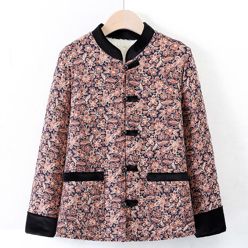 Elegant Chinese-Style Cotton Jacket for Middle-Aged Women: Stand Collar & Frog Buttons, Perfect for Autumn/Winter.
