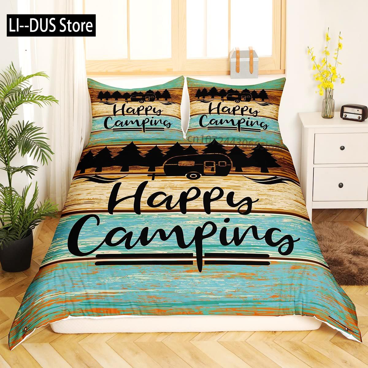 

Camping Bedding Set Twin King Full Size for Teens Adult Duvet Cover Happy Camping Comforter Cover 3 Pieces with 2 Pillowcase 135x200cm