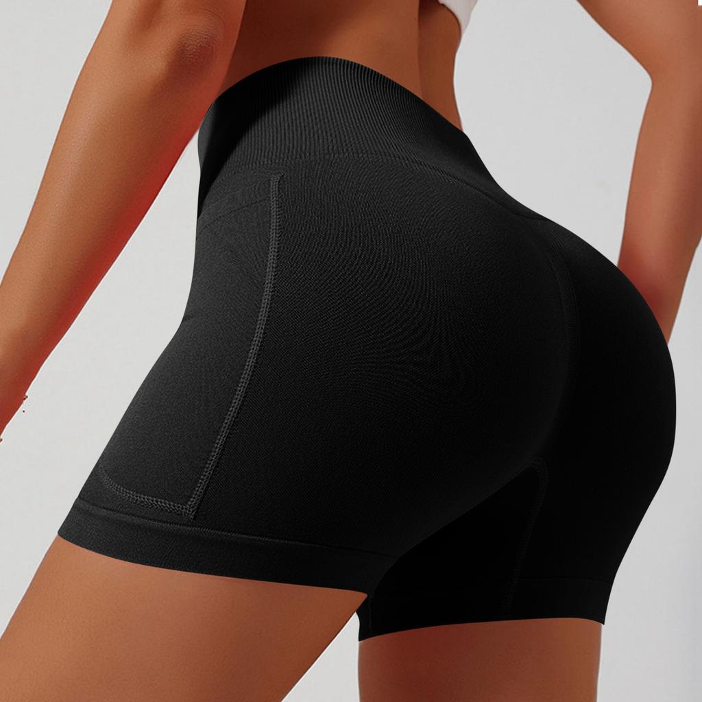 Hohe Taille Nahtlose Yoga-Shorts mit Seitentasche für Damen Dehnbar Workout Kompressions-Fitness-Shorts