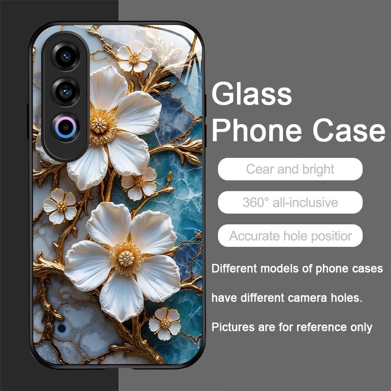 White Camellia Flower Marble Texture Tempered Glass Phone Case for OnePlus 13R 12 11 10 9 Nord CE4 3 2 Lite ACE2 ACE3 Pro Cover