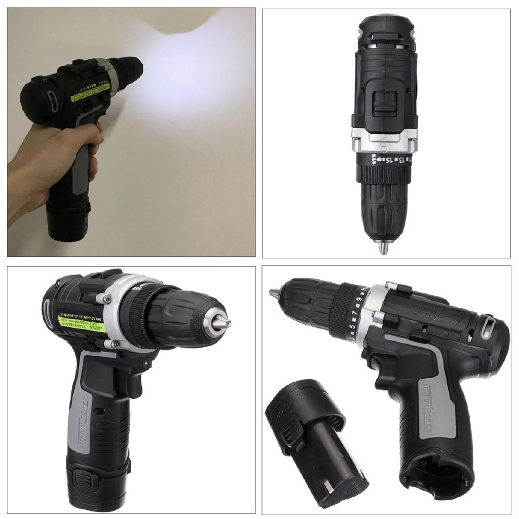 AC 100-240V 0-550r/min 0-1350r/min Cordless Drill Double Speed Adjustment LED Lighting 1/2Pcs Large Capacity Battery 35Nm 15-speed Torque Adjustment