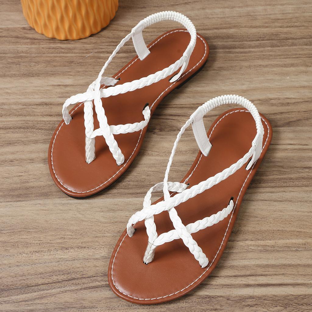 Flat sandals women's summer new solid color woven elastic band toe women wear flat sandals