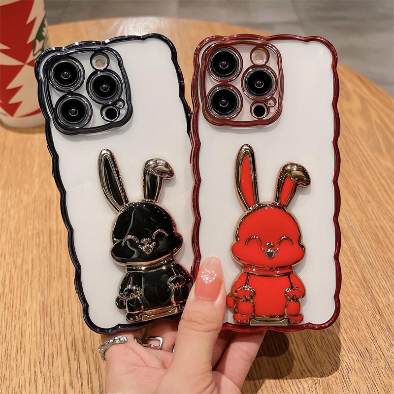 3d Cute Rabbit Stand Holder Phone Case For Iphone 14pro 13 12 11 14 Pro Max 14 Plus 14 Clear Shockproof Curly Wave Plating Cover