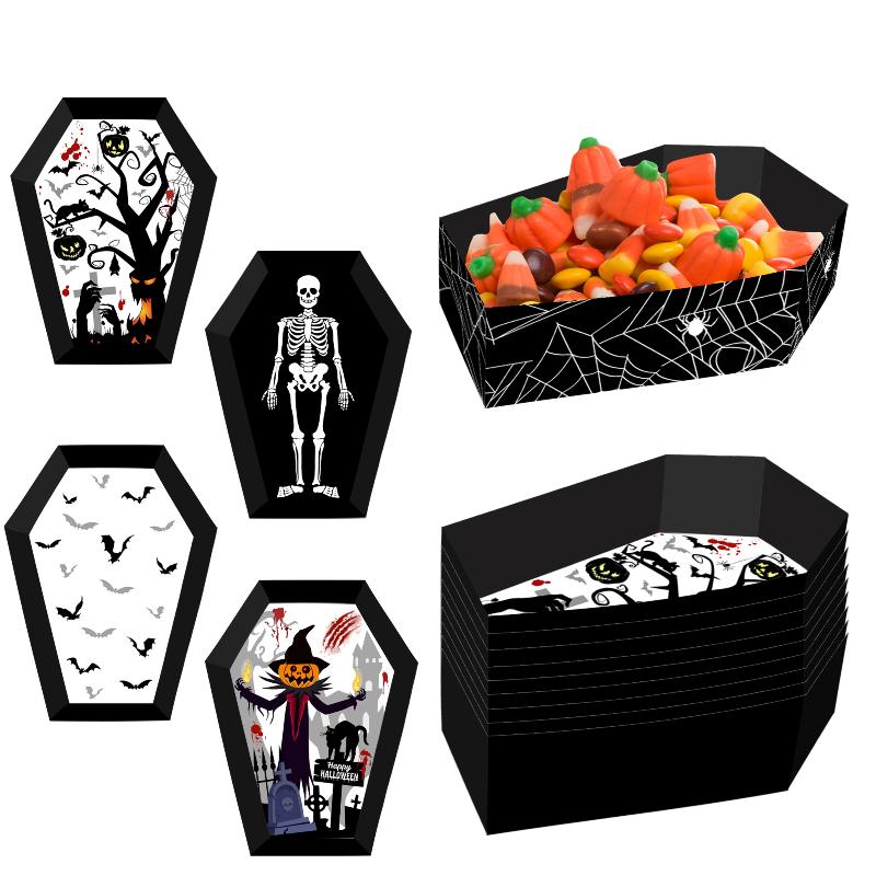12Pcs Halloween Paper Food Serving Trays Black Horror Coffin Snack Cookie Gift Box Trick Or Treat Halloween Party Decor Supplies