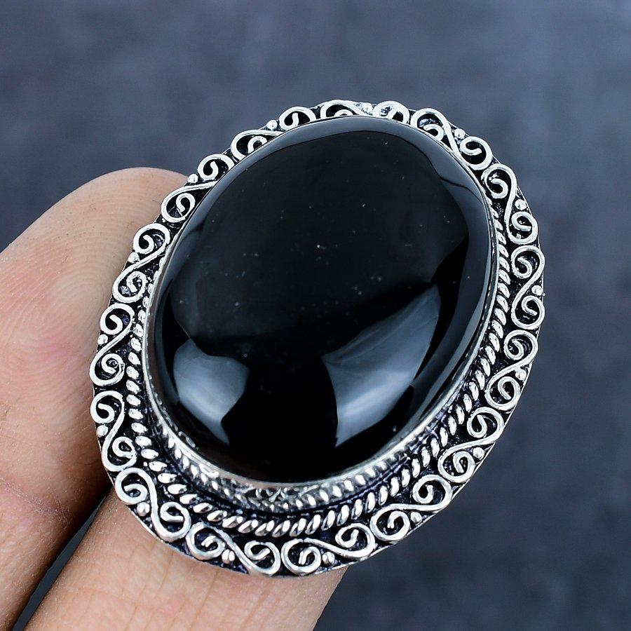 Natürlicher Schwarzer Onyx Edelstein 925 Sterlingsilber Schmuck Ring Größe 7 C5e09