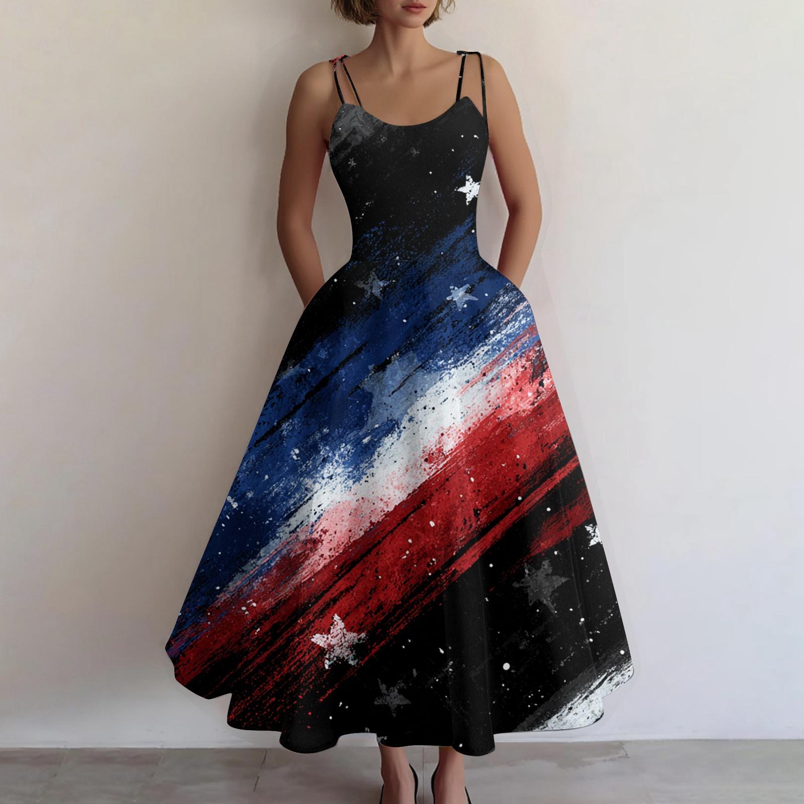 

Женское повседневное модное платье без рукавов с принтом ко Дню Независимости, с открытыми плечами L чёрный