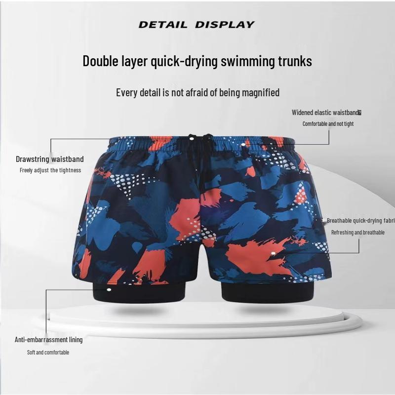 Junwen Men's Loose-Fit Double-Layer Printed Swim Trunks