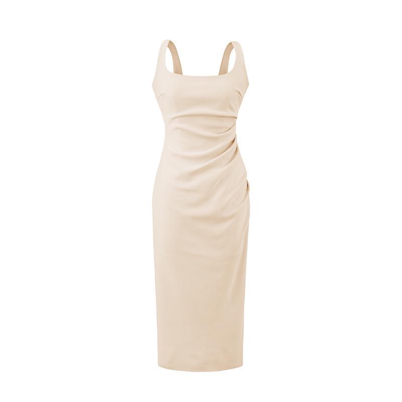 Elegant Square Neck Slim Fit Pleated Waist Bodycon Dress