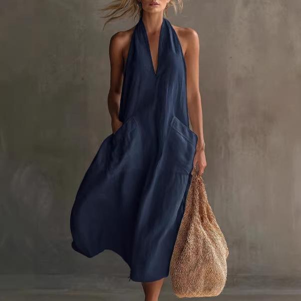 2026 Spring Women Halter V-Neck Midi Dress Loose Casual Solid Color Vacation Dress With Pockets