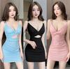 Temperament V-neck Low-cut Sexy Jacquard Elastic Hollow Tight Body Hip-wrapped Waist Bottom Short Dress Women