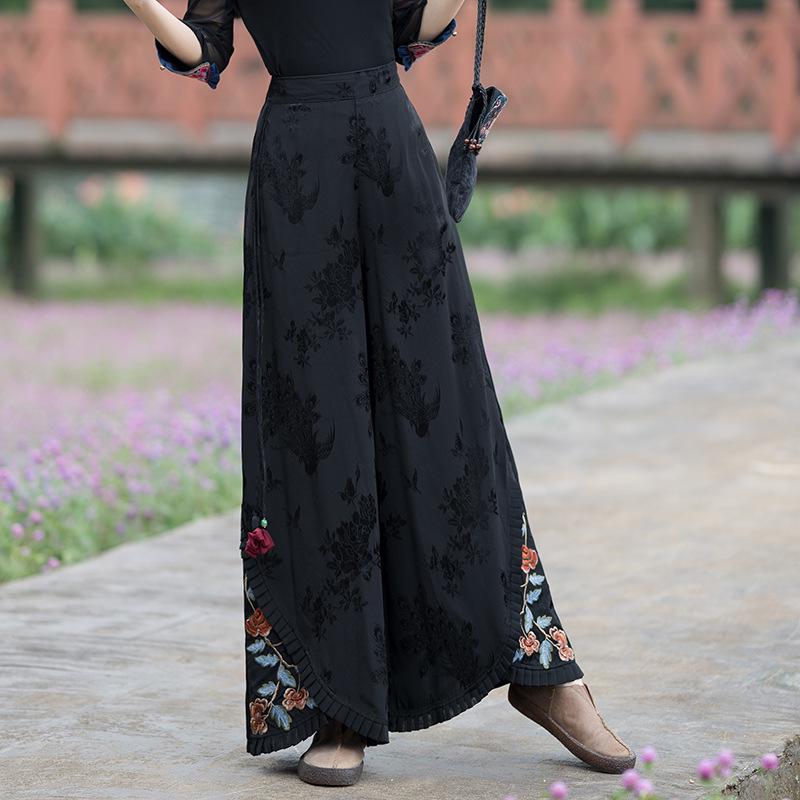 Women's Ethnic Style Wide-Leg Pants: Draped, Embroidered Waist, Retro Casual Design