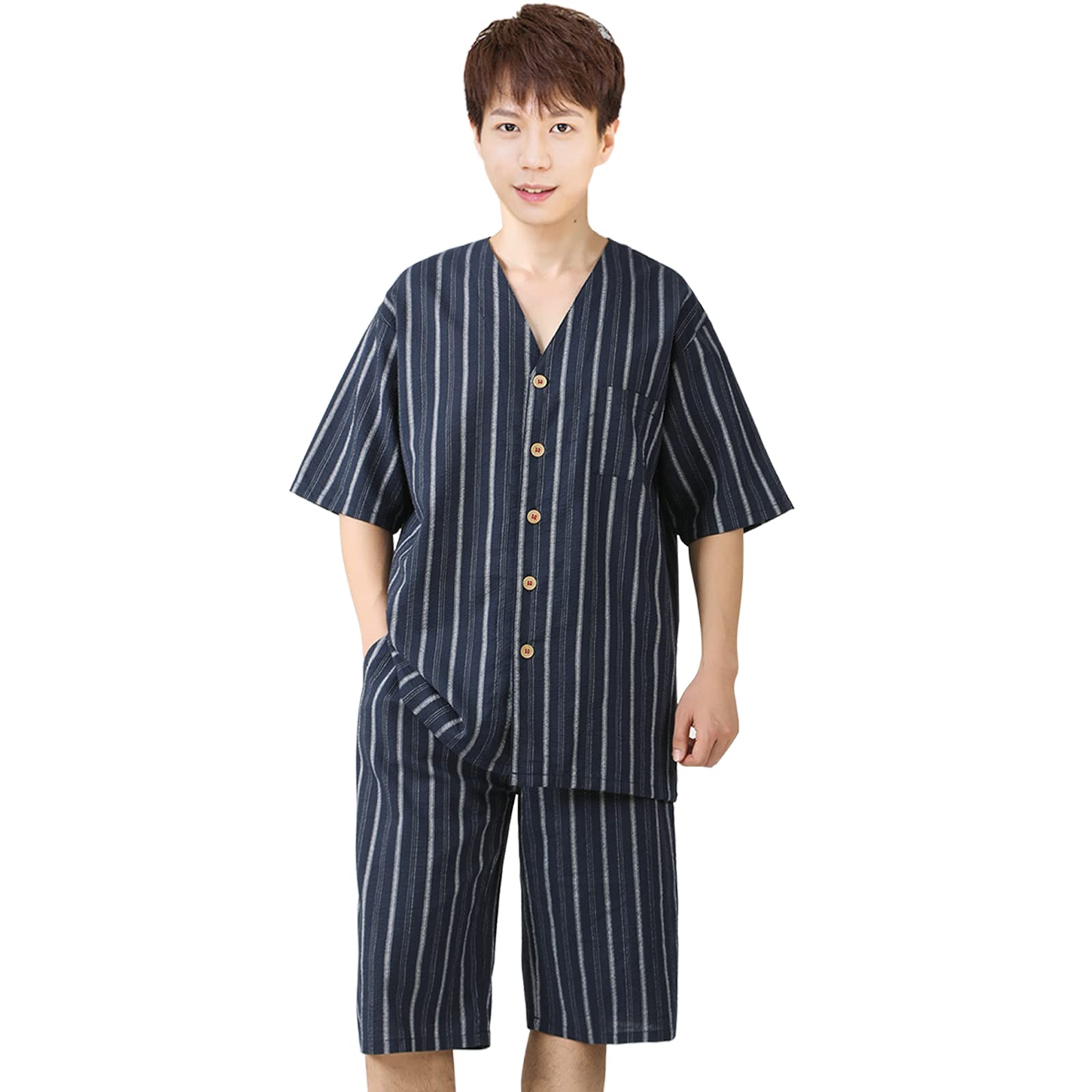 

Короткий верх и низ больничная одежда с белой [Poweforest] пижамой в японском стиле для мужчин, 100% хлопок, весна/лето, рукав, тонкий, комплект, футбол,