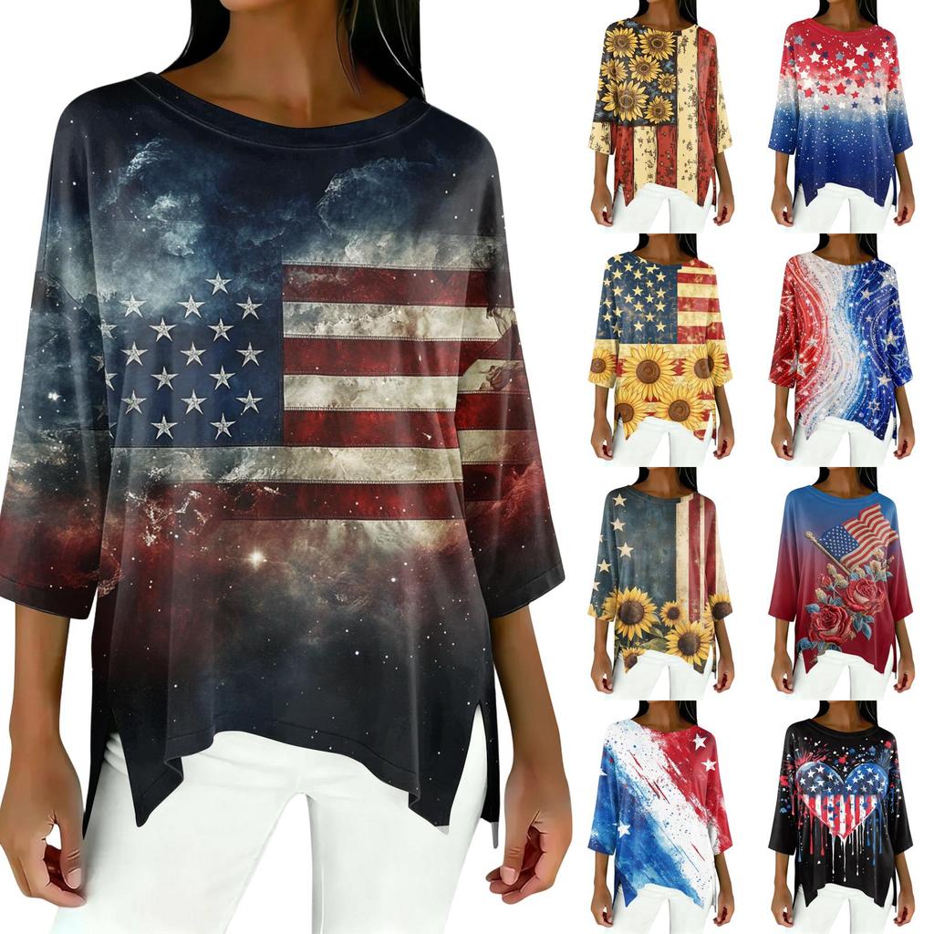 Women's Fashion Independence Day Print Three-Quarter Sleeve Top