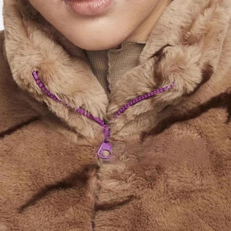 Nike Logo Print Stand Collar Loose Warm Fleece Jacket Women Outerwear Brown DQ6843-258