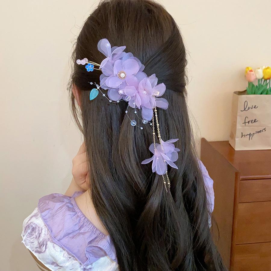 Fairy Chiffon Pearl Flower Tassel Hair Clip - Vacation Style Duckbill Bangs Accessory