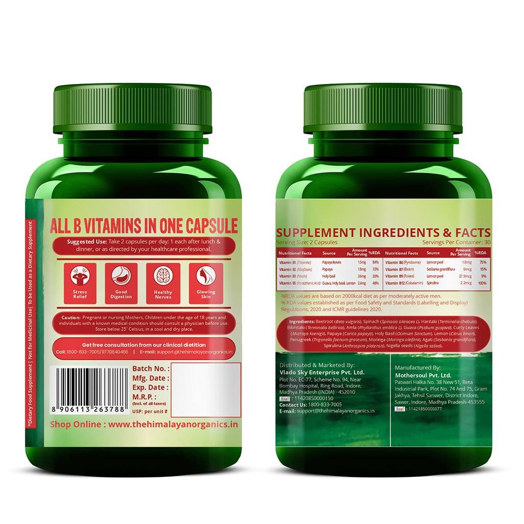 Vlado's Himalayan Organics Plant Based Vitamin B12 2.2mcg Capsules With B Complex & Moringa 60 Veg For Energy Support