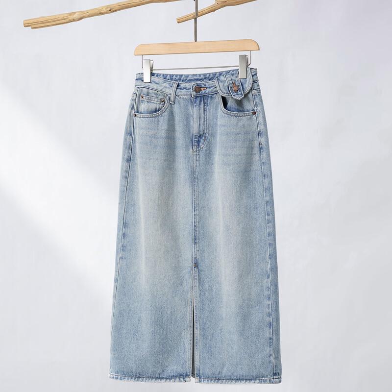 RAIN.CUN Women s High-Waisted A-Line Slit Denim Skirt 2XL