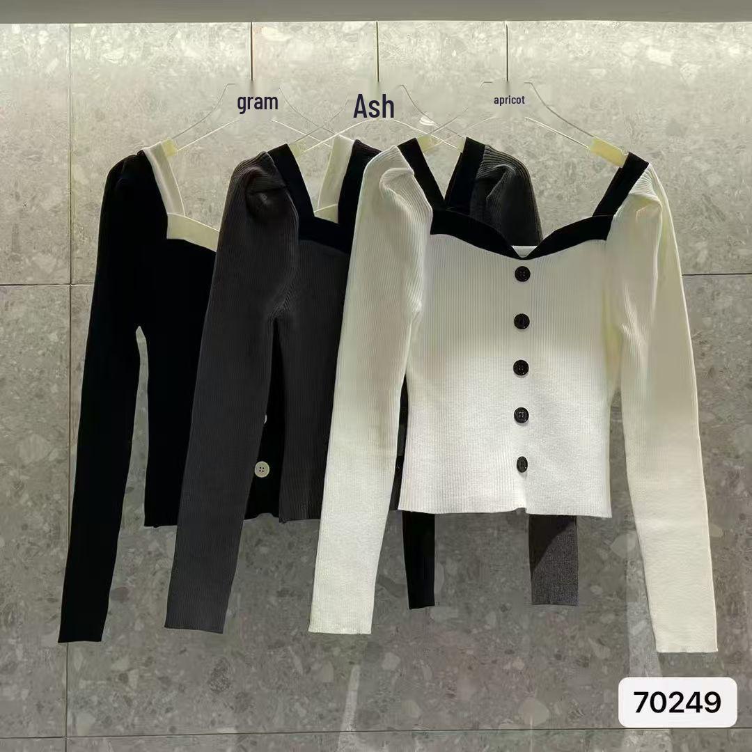 Spicy Chic Color Block Square Neck Long Sleeve Women s Top - 2025 Autumn Collection Large серый