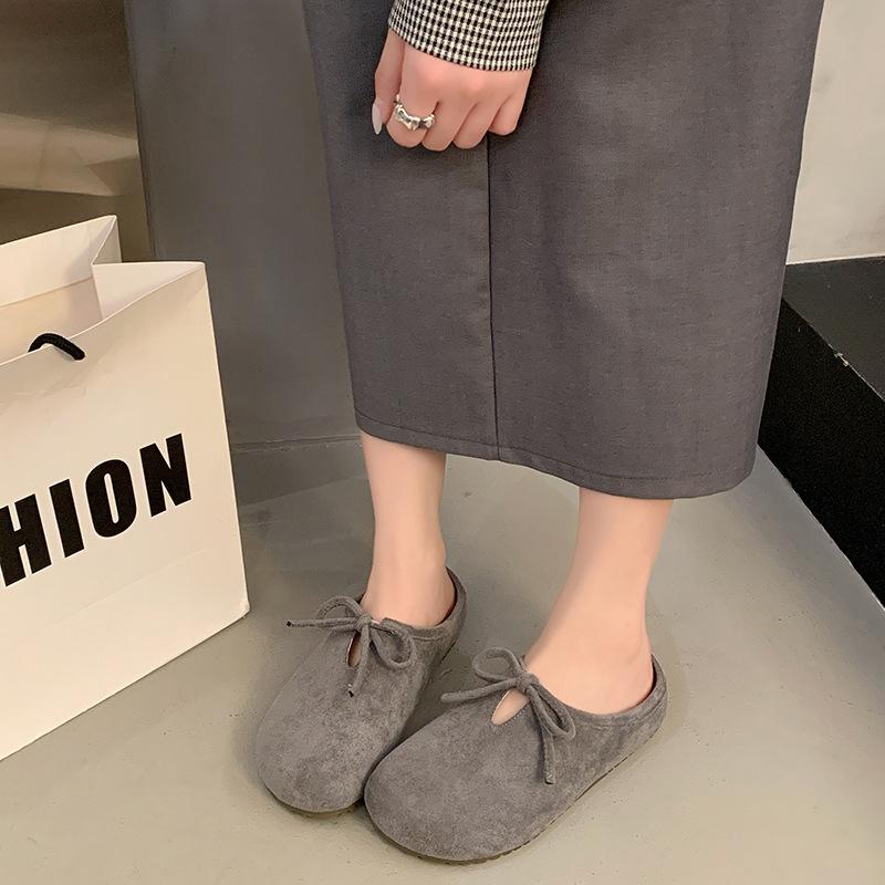 Retro and versatile 2025 autumn new bow one-pedal soft-soled half-slippers flat-bottomed Boken bag head slippers women