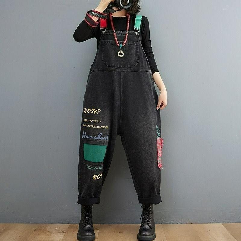 

Осенне-зимний джинсовый комбинезон с вышивкой букв, женский, уменьшающий возраст, свободный и стройнящий, повседневный, брюки-харлан, цельный S чёрный
