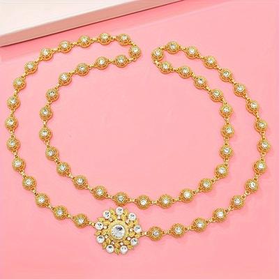 Engraved Flower Alloy Body Chain Inlaid Shiny White Rhinestone Elegant Long Body Chain Jewelry Accessory 1pc
