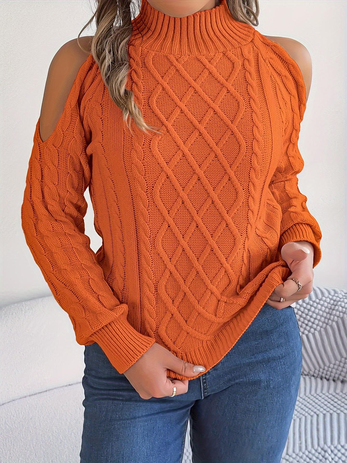 

Women s Off-Shoulder High Neck Knit Sweater, Diamond Cable Pattern, Long Sleeve, Warm Winter Pullover XL помаранчевий