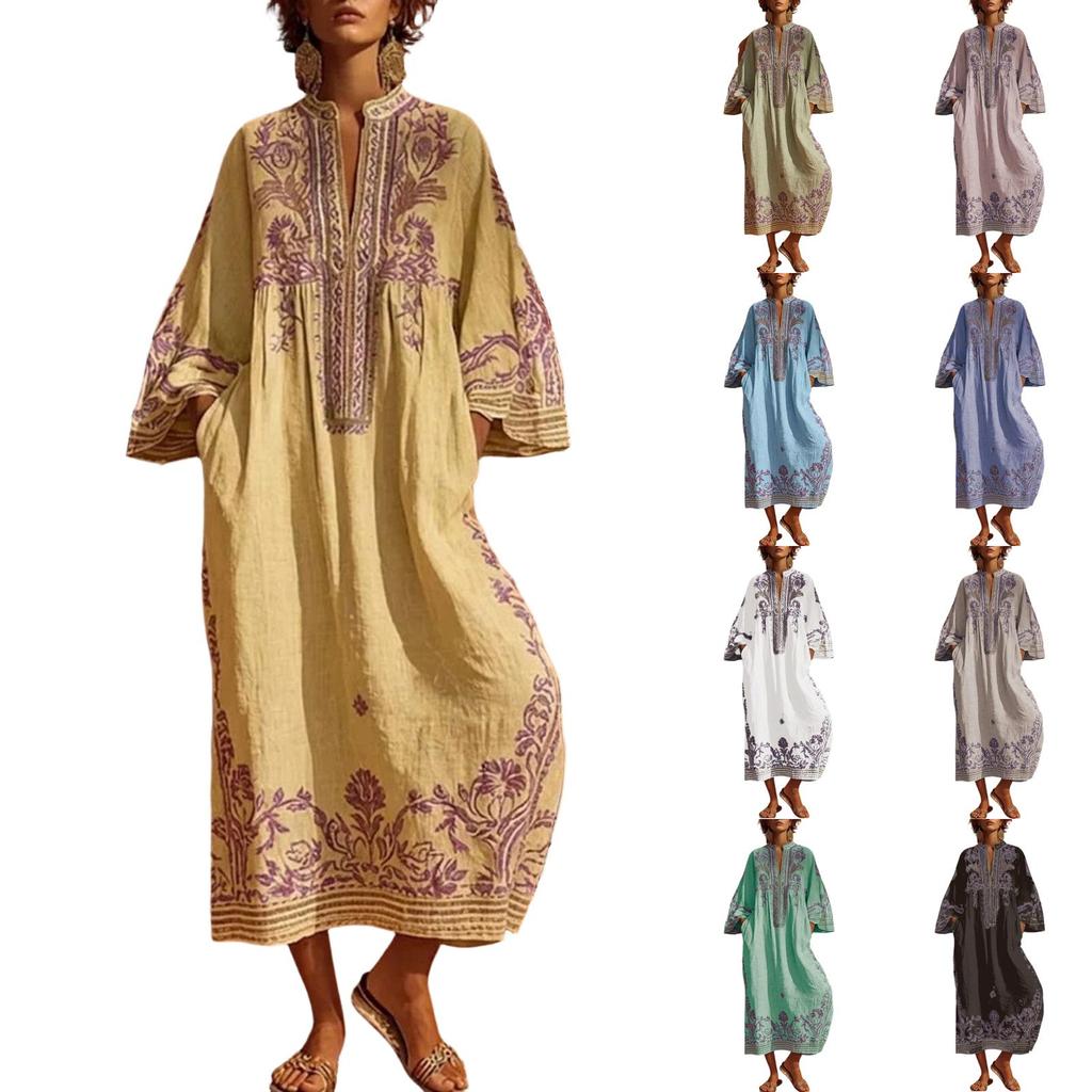 Boho Stil V-Ausschnitt Lässiges Kurzarm Maxikleid mit Print Lockerer Schnitt Leichtes Sommerkleid für Damen