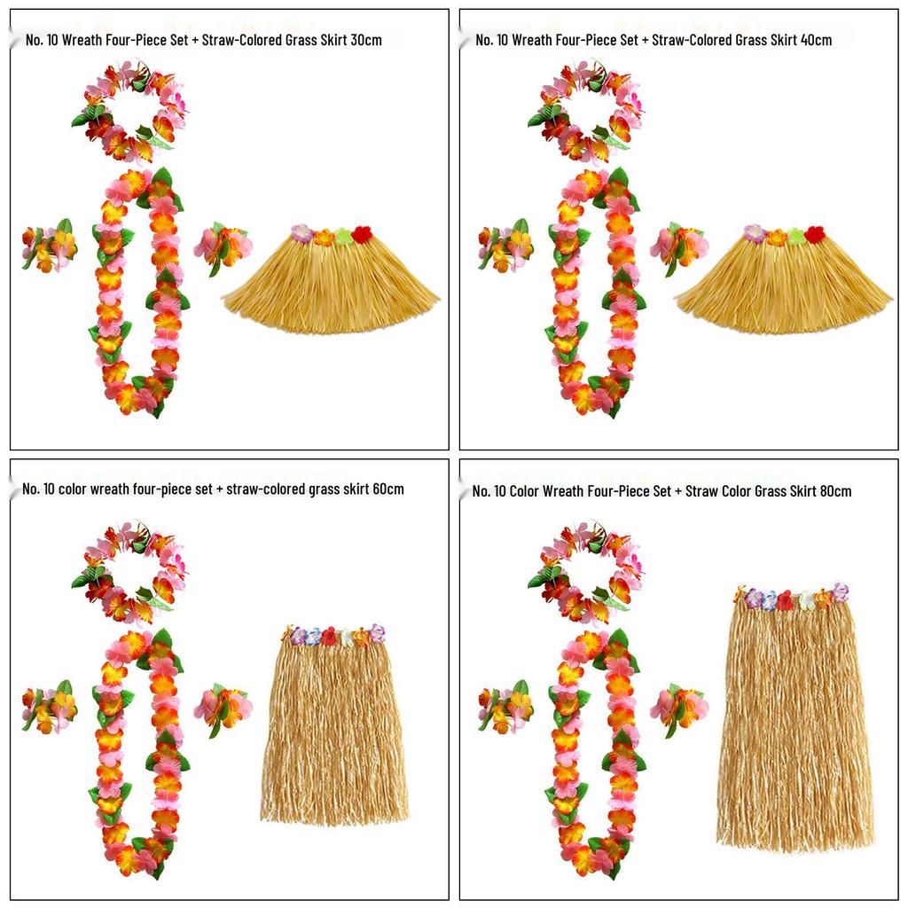 Kaifeng Summer Hawaiian Grass Skirt and Flower Garland Dance Party Set - 5 Pieces (30CM, 40CM, 60CM, 80CM)