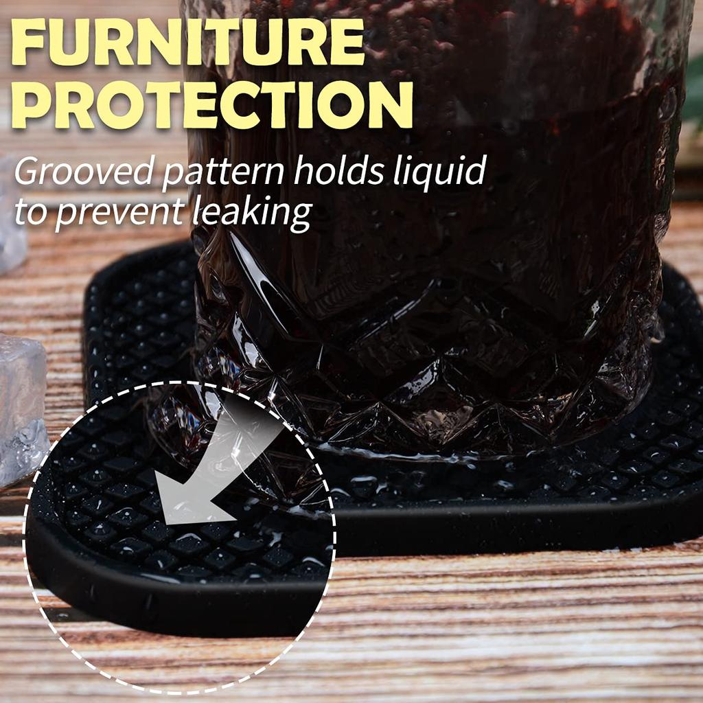 Set of 6 Silicone Coasters Insulating Cup Tea Stylish (with Holders) - Non-slip, Absorbent, Mats, Easy-to-Wash Trays, (Square, Black)