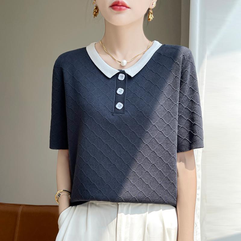 

Женская футболка с короткими рукавами из ледяного шелка с лацканами на лето, новая, свободного корейского стиля, универсальная, тонкая, контрастная вязаная футболка для женщин XL