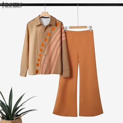 Women Long Sleeve Print Blouse and Pants Casual Two Piece Suit Sets