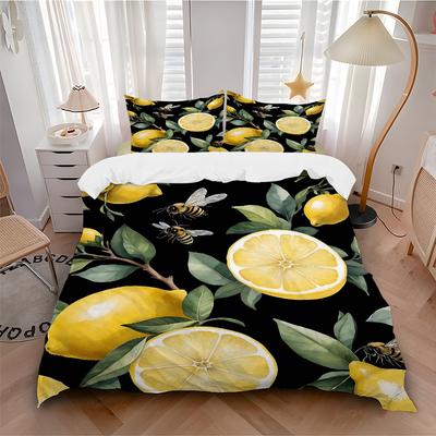 3pcs Yellow Lemons and Bees Bedding Set, Including 1 Quilt Cover and 2 Pillow Shams, Without Filling, Soft and Comfortable Home Bedroom Fabr