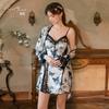 Women's Velvet Mesh Butterfly Print Sheer Push Up Padded Sleep Dress with Robe Set