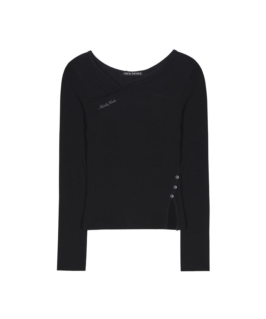NICK&NICOLE Side Slit Button Ribbed Top_Black