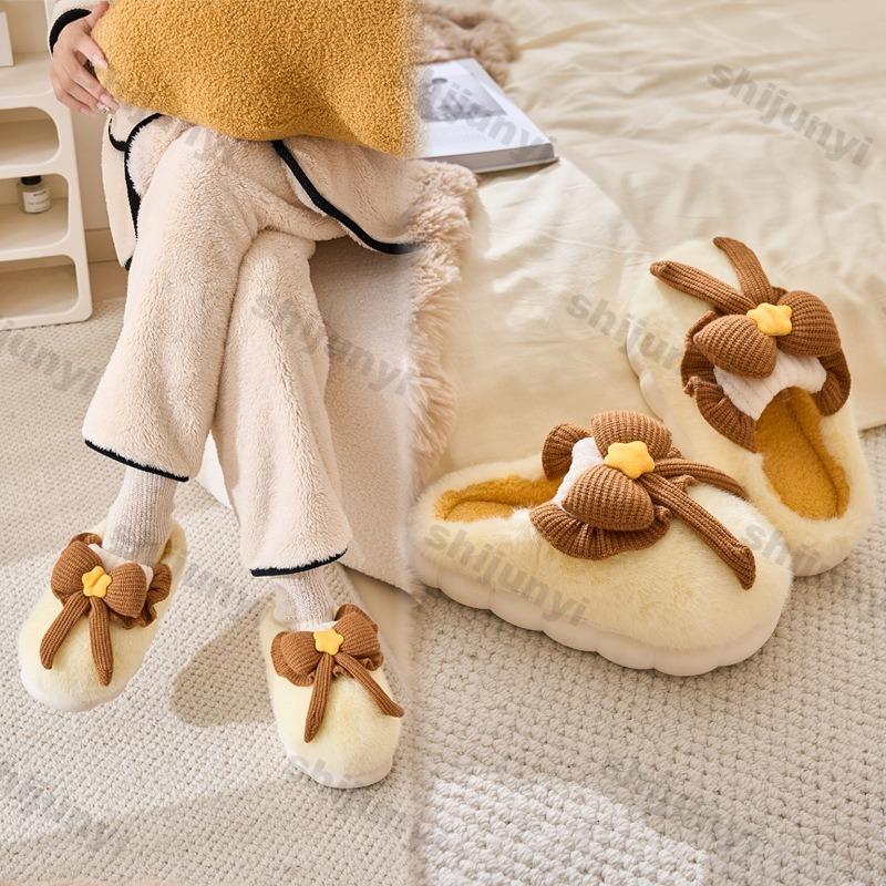 Fashion Women's Plush Slippers Winter Warm Cartoon Bowknot Slippers Closed Toe Non Slip Furry House Shoes Women Indoor Bedroom Slippers