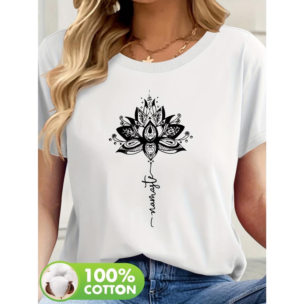 Flower Letter Pattern Printed Casual Round Neck Short Sleeve T-shirt Summer Women's Wear
