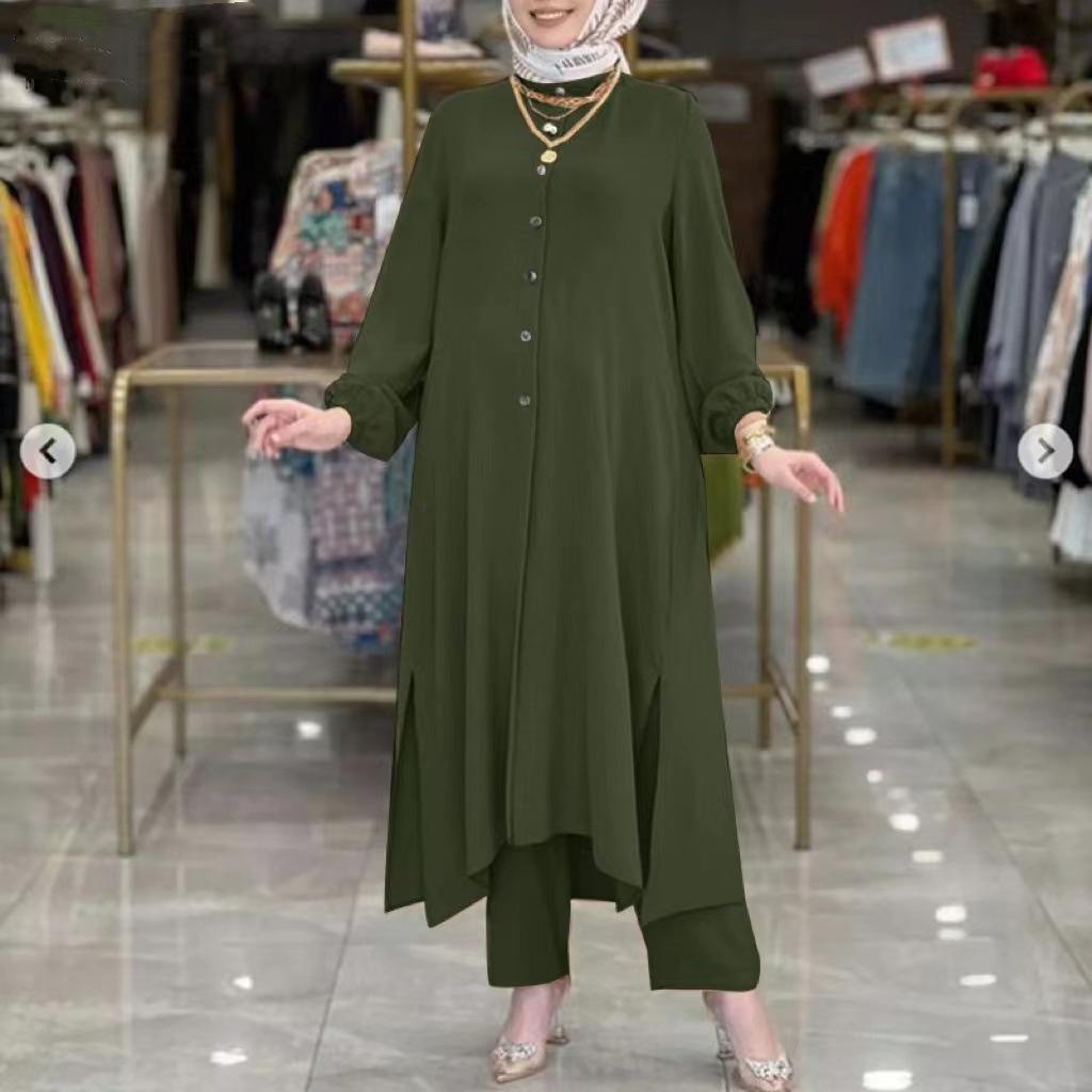 2024 New Middle East Muslim Women's Solid Color Set with Mushroom Button Elastic Sleeves