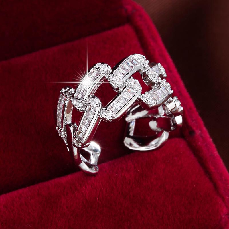 Elegant Open Adjustable Zircon Pinky Ring: Luxurious Full Diamond Chain Design In High-End Copper