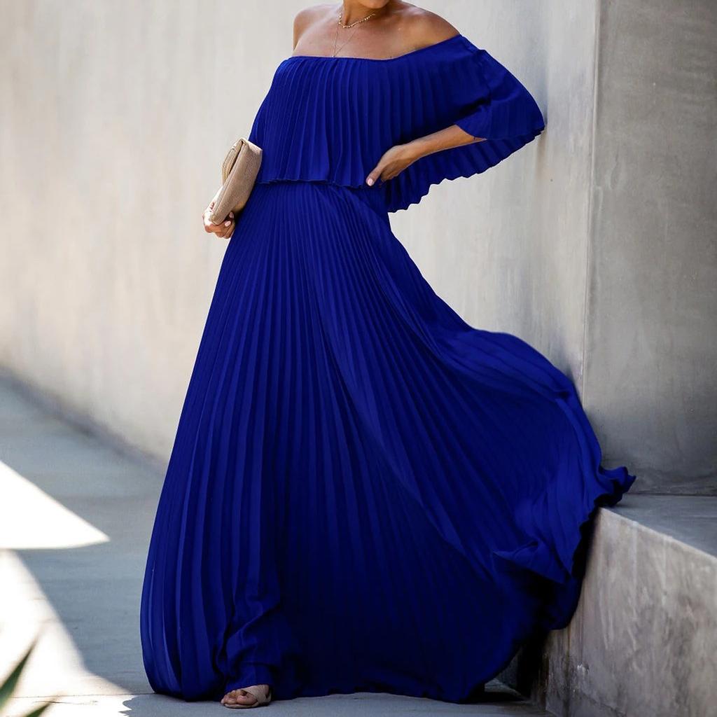 Women's Fashion Casual Solid One Line Collar Sexy Off Shoulder Chiffon Dress