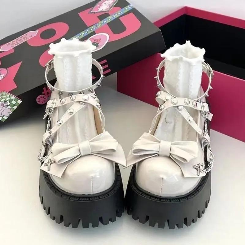 Fashion Women's Mary Jane Shoes Lolita Solid Color Spring 2024 Hot Sale Fashion Butterfly Knot Outdoors Thick with Non-slip Female Shoes