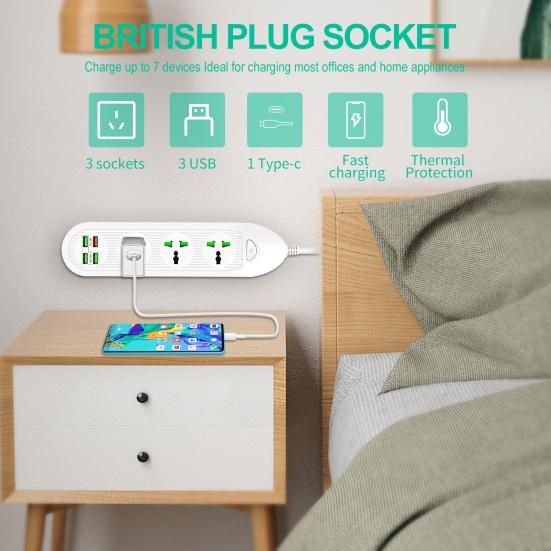 Power Strip 3000W 3 Widely Spaced Outlets 4 USB Charging Ports