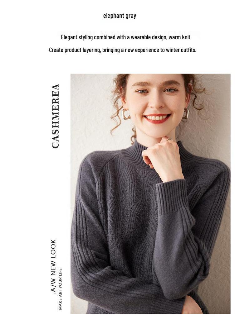 Women's Cashmere Slim-Fit Half-High Collar Pullover Sweater, Autumn/Winter 2023 Collection
