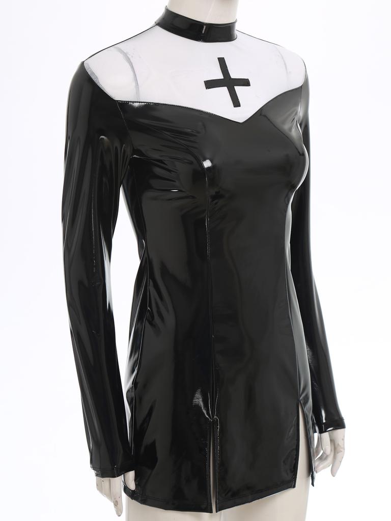 Robe Cosplay de Nonne pour Femme Col Montant Manches Longues Patchwork de Maille Croix Ourlet Fendu Robe Mini Moulante Halloween