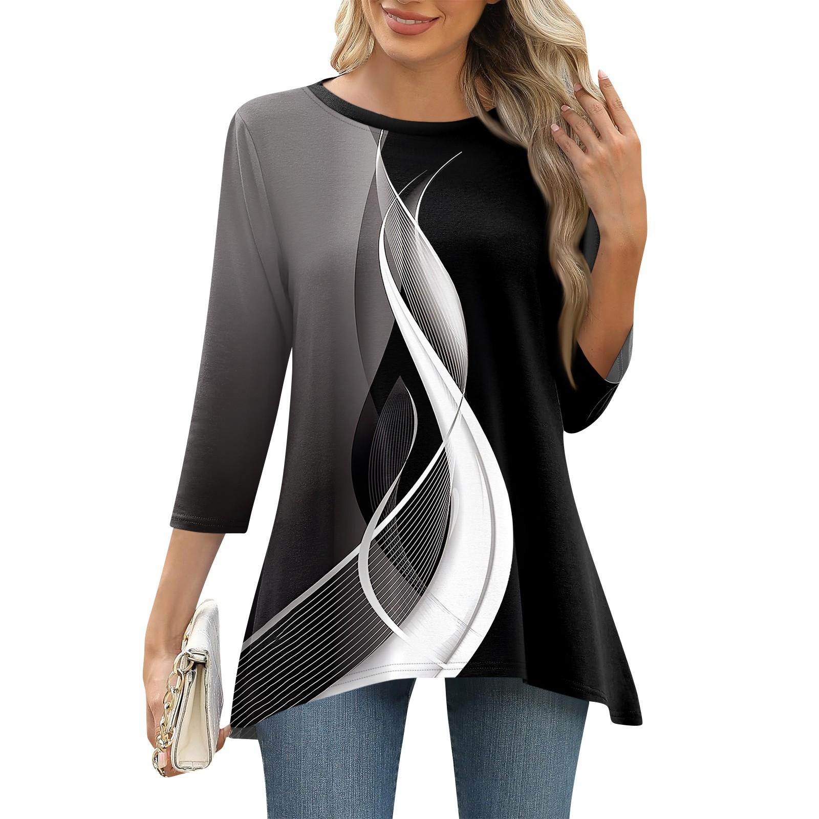 

3/4 рукав туника топы для женщин принтованный повседневный выходной свободный крой модная базовая футболка с круглым вырезом L чёрный