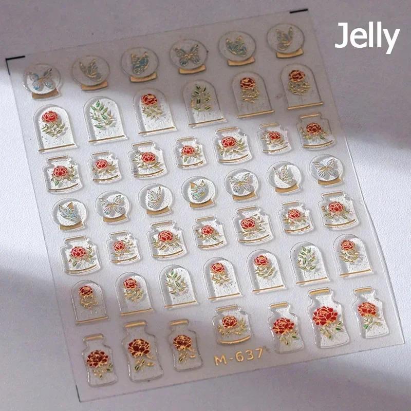 Cherry Blossom Pink Flower Sakura Spring 5D Nail Art Sticker Gold Stamping Soft Adhesive Relief Adhesive Chic Manicure Decals