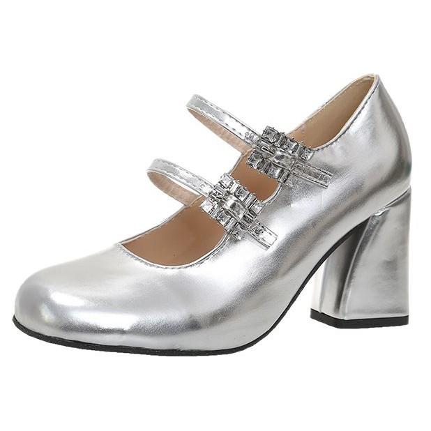 Silver Rhinestone Daughter Mary Jane Shoes High Heels Women's 2025 New Temperament Beautiful Thick Heel Light Mouth Single Shoes