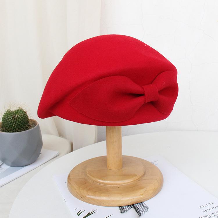 Hat Female Shape Felt Hat Autumn And Winter Wool Beret Elegant Solid Color Bow Stewardess Hat
