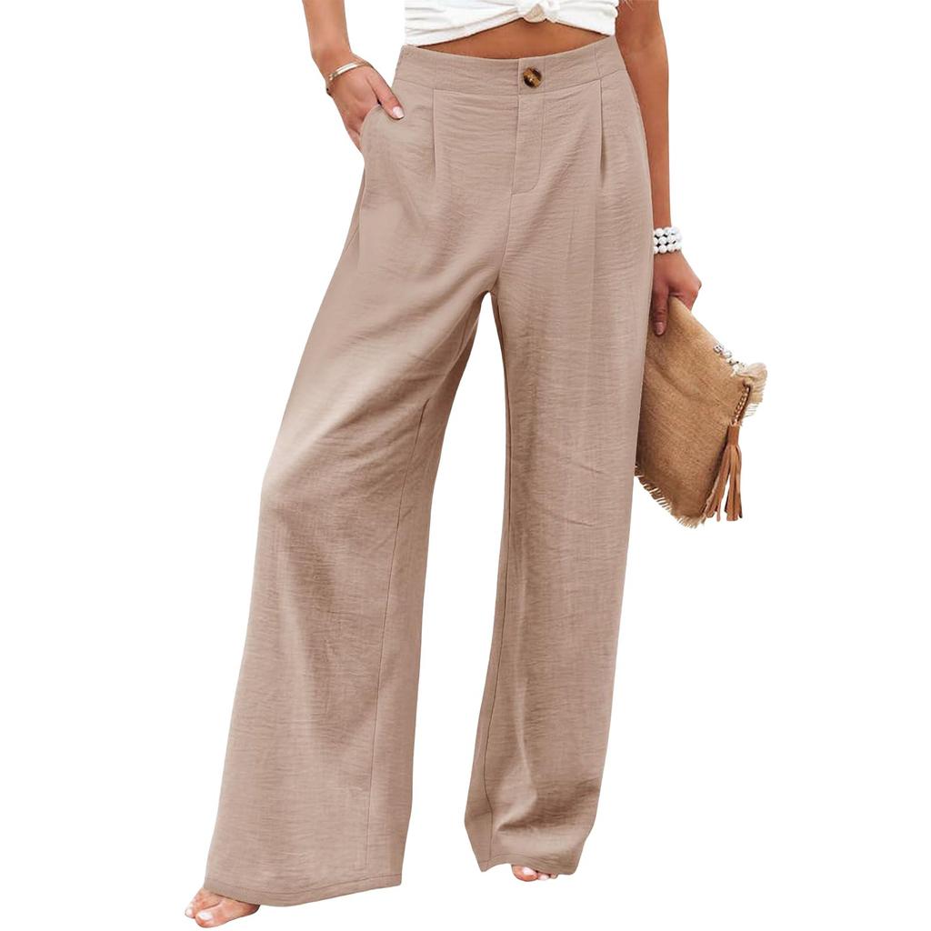 Retro Comfortable Summer Pocket Wide Leg Pants Women Elastic High Waist Casual Pants Loose Straight Solid Women's Trousers
